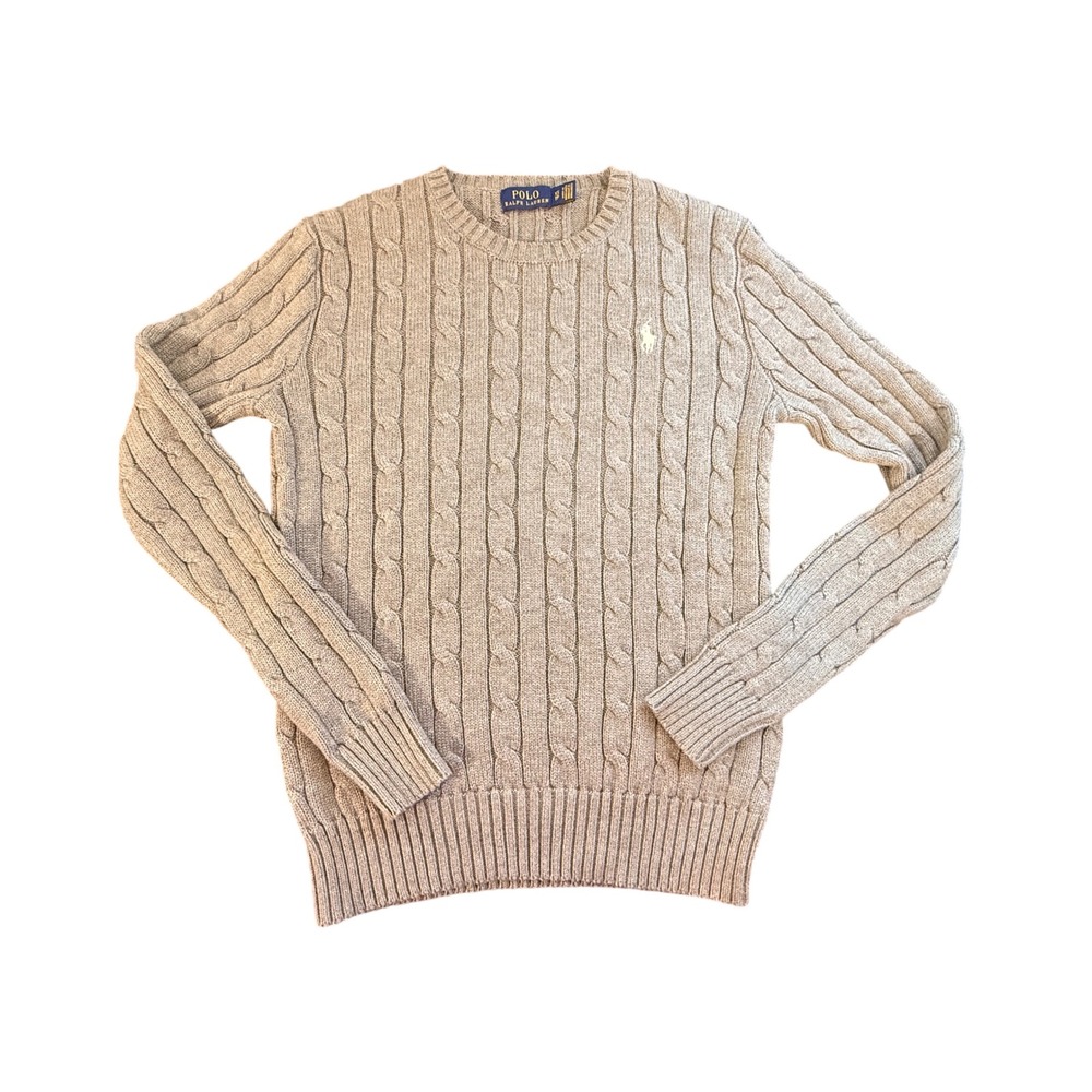 Polo Ralph Lauren Grey Cable Knit Cotton Sweater XS Crew Neck Pony Logo